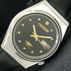 Vintage 1983 Citizen Automatic Mens Silver Watch W/daydate & Black accents